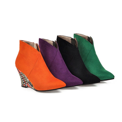 Women Suede Pointed Toe Ethnic Wedge Heel Short Boots