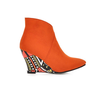 Women Suede Pointed Toe Ethnic Wedge Heel Short Boots