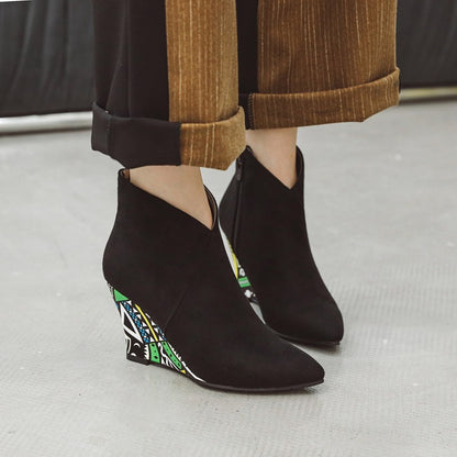 Women Suede Pointed Toe Ethnic Wedge Heel Short Boots