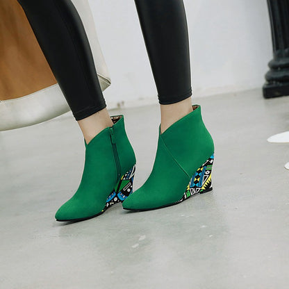 Women Suede Pointed Toe Ethnic Wedge Heel Short Boots