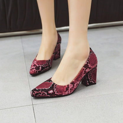 Woman Snake-printed High Heels Chunky Pumps