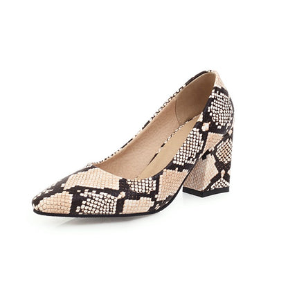 Woman Snake-printed High Heels Chunky Pumps