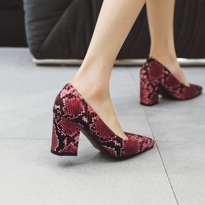 Woman Snake-printed High Heels Chunky Pumps