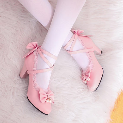 Woman Bowtie Pearl Block Heels Pumps