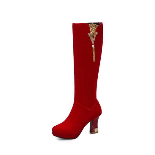 Women Flock Rhinestone Tassel Spool Heel Platform Knee High Boots