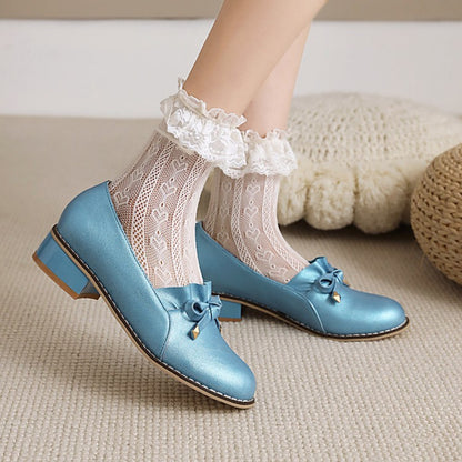 Woman Bow Chunky Low Heels Pumps