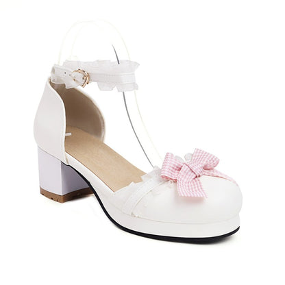 Woman Lolita Closed Toe Lace Butterfly Knot Ankle Strap Block Heel Sandals