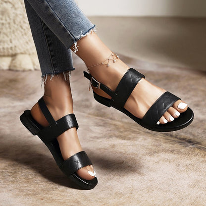 Women Solid Color Soft Leather Flat Sandals