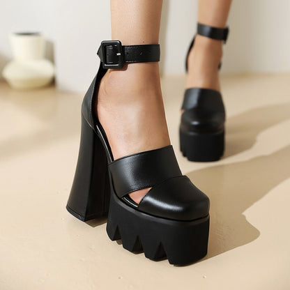 Women Round Toe Hollow Out Thick Sole Block Heel Platform Sandals