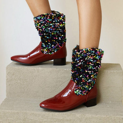 Women Glossy Pointed Toe Sequins Patchwork Square Heel Mid Calf Boots