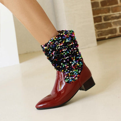 Women Glossy Pointed Toe Sequins Patchwork Square Heel Mid Calf Boots