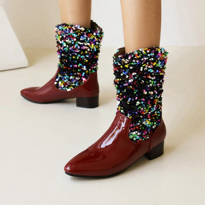 Women Glossy Pointed Toe Sequins Patchwork Square Heel Mid Calf Boots