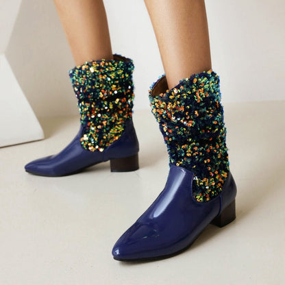 Women Glossy Pointed Toe Sequins Patchwork Square Heel Mid Calf Boots