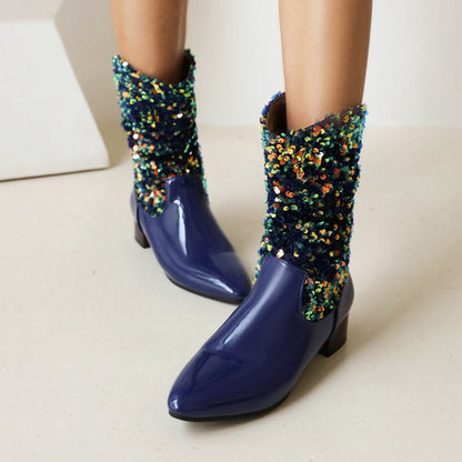 Women Glossy Pointed Toe Sequins Patchwork Square Heel Mid Calf Boots