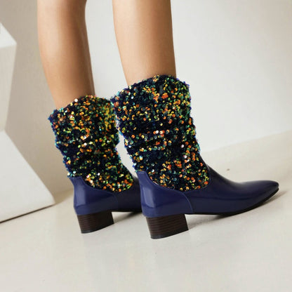 Women Glossy Pointed Toe Sequins Patchwork Square Heel Mid Calf Boots