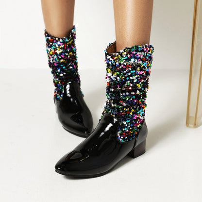 Women Glossy Pointed Toe Sequins Patchwork Square Heel Mid Calf Boots