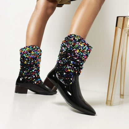 Women Glossy Pointed Toe Sequins Patchwork Square Heel Mid Calf Boots