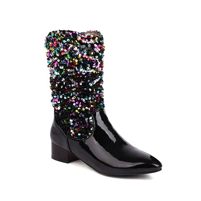 Women Glossy Pointed Toe Sequins Patchwork Square Heel Mid Calf Boots