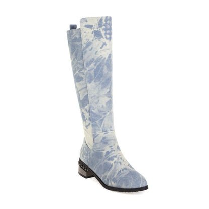 Women Tie Dye Stitch Side Zippers Block Chunky Heel Knee High Boots