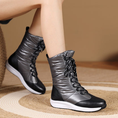 Woman Leather Wedges Heels Winter Down Mid Calf Snow Boots