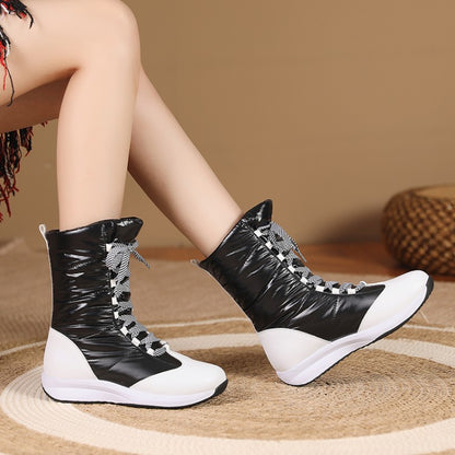 Woman Leather Wedges Heels Winter Down Mid Calf Snow Boots