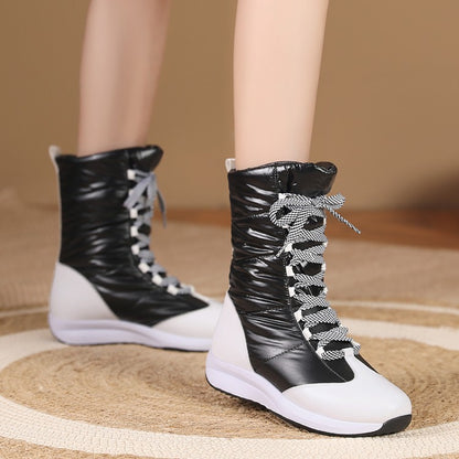 Woman Leather Wedges Heels Winter Down Mid Calf Snow Boots