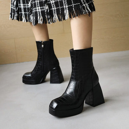 Women Pattern Pu Leather Square Toe Side Zippers Block Heel Platform Short Boots