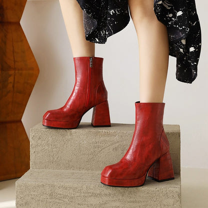 Women Pattern Pu Leather Square Toe Side Zippers Block Heel Platform Short Boots