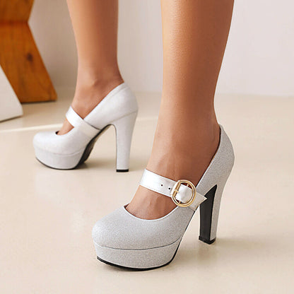 Sparkling Solid Color Metal Buckle Platform Super High Heels