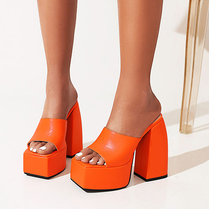 Women Solid Color Square Toe Chunky Heel High Heels Platform Sandals
