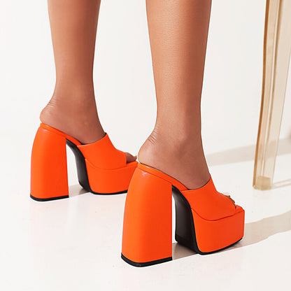 Women Solid Color Square Toe Chunky Heel High Heels Platform Sandals