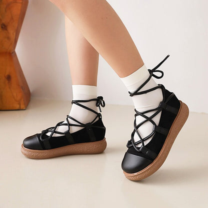 Women Round Toe Cross Tied Strap Platform Flat Many Jane Shoes