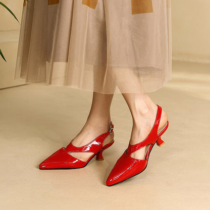 Women Candy Color Pointed Toe Hollow Out Medium Heel Sandals