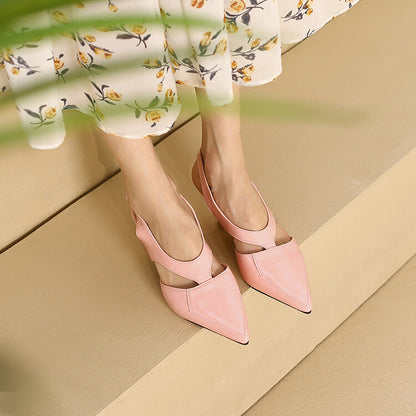 Women Candy Color Pointed Toe Hollow Out Medium Heel Sandals