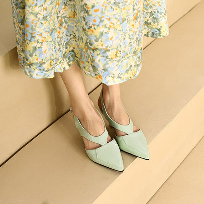 Women Candy Color Pointed Toe Hollow Out Medium Heel Sandals