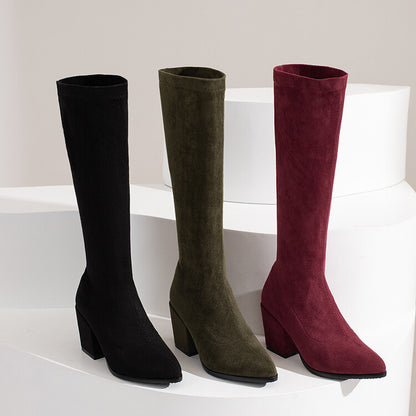 Woman Suede Round Toe Side Zippers Block Heel Knee High Boots