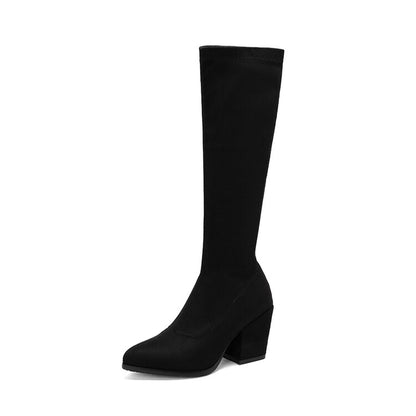 Woman Suede Round Toe Side Zippers Block Heel Knee High Boots