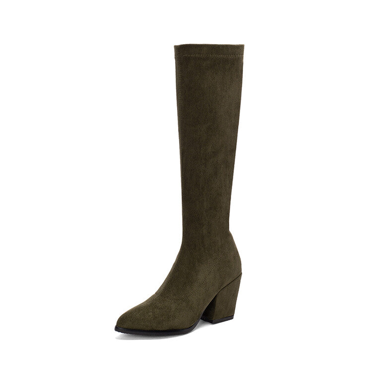 Woman Suede Round Toe Side Zippers Block Heel Knee High Boots