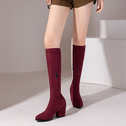 Woman Suede Round Toe Side Zippers Block Heel Knee High Boots