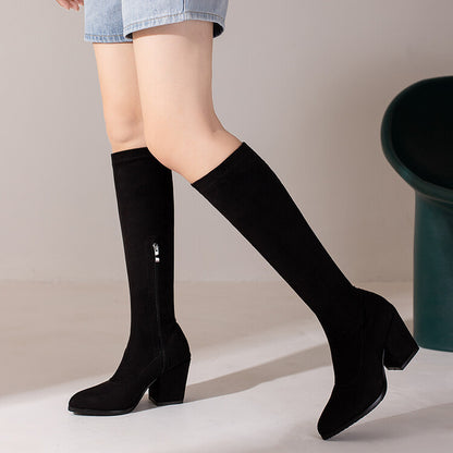 Woman Suede Round Toe Side Zippers Block Heel Knee High Boots