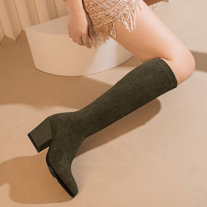 Woman Suede Round Toe Side Zippers Block Heel Knee High Boots