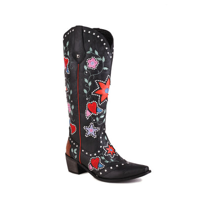 Women Ethnic Love Hearts  Printed Low Heels Cowboy Mid Calf Boots