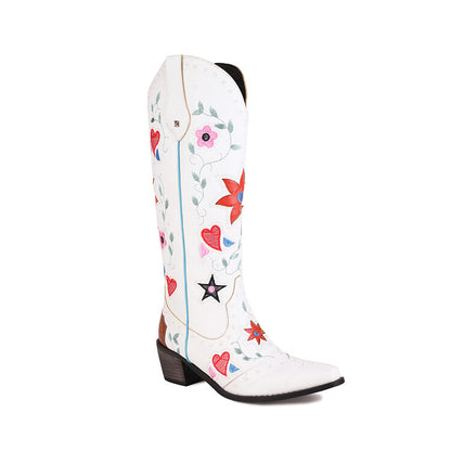 Women Ethnic Love Hearts  Printed Low Heels Cowboy Mid Calf Boots