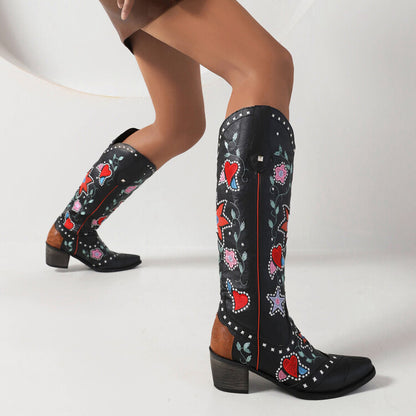 Women Ethnic Love Hearts  Printed Low Heels Cowboy Mid Calf Boots