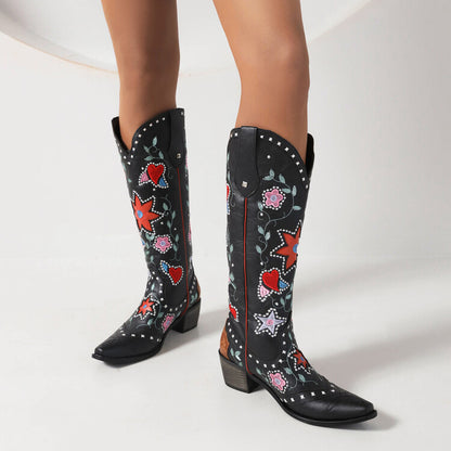 Women Ethnic Love Hearts  Printed Low Heels Cowboy Mid Calf Boots