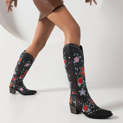 Women Ethnic Love Hearts  Printed Low Heels Cowboy Mid Calf Boots