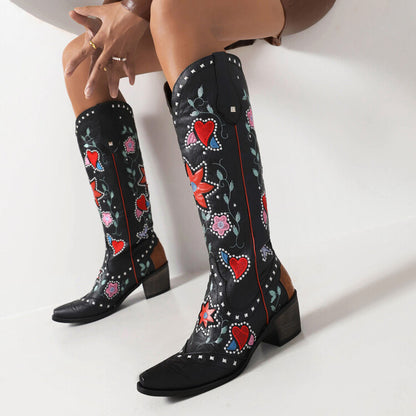 Women Ethnic Love Hearts  Printed Low Heels Cowboy Mid Calf Boots