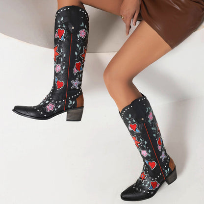 Women Ethnic Love Hearts  Printed Low Heels Cowboy Mid Calf Boots