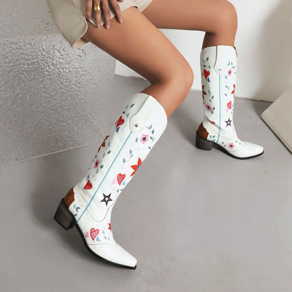 Women Ethnic Love Hearts  Printed Low Heels Cowboy Mid Calf Boots