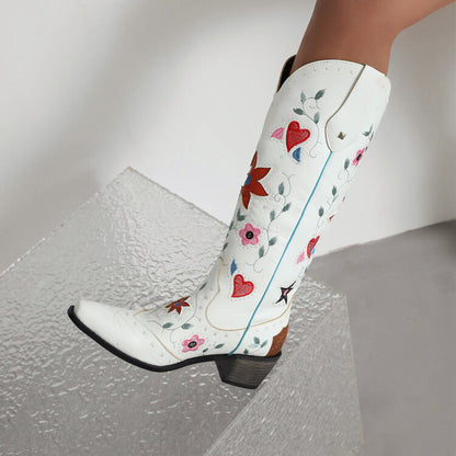 Women Ethnic Love Hearts  Printed Low Heels Cowboy Mid Calf Boots